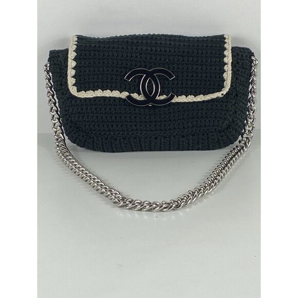 Chanel Authentic CC Logo Crochet Flap Chain Strap Shoulder Bag Women's F181 - Picture 1 of 8